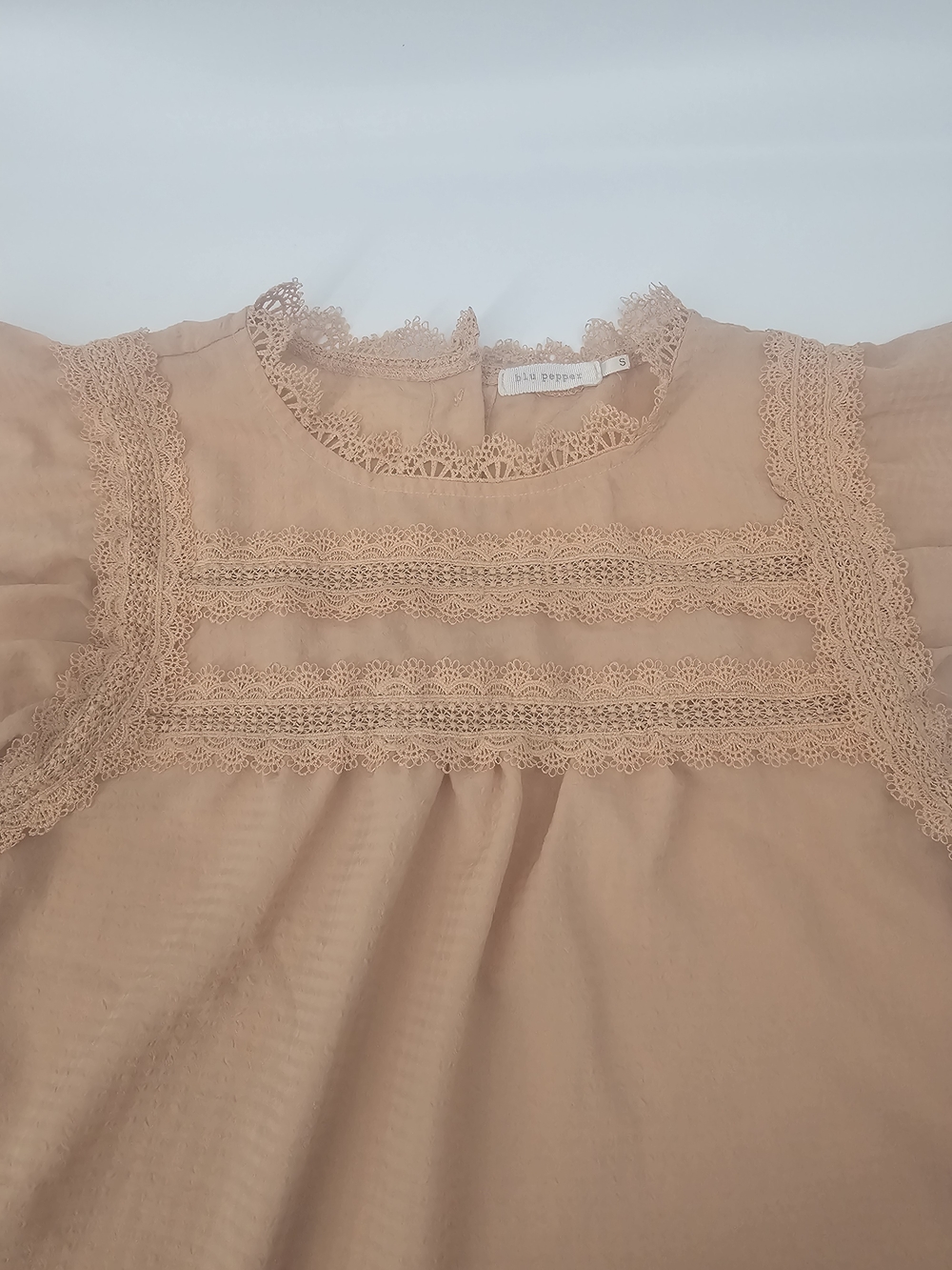 Blu Pepper Lace Trim Flutter Sleeve Swiss Dot Blouse Romantic Cottagecore Top S - Picture 4 of 7